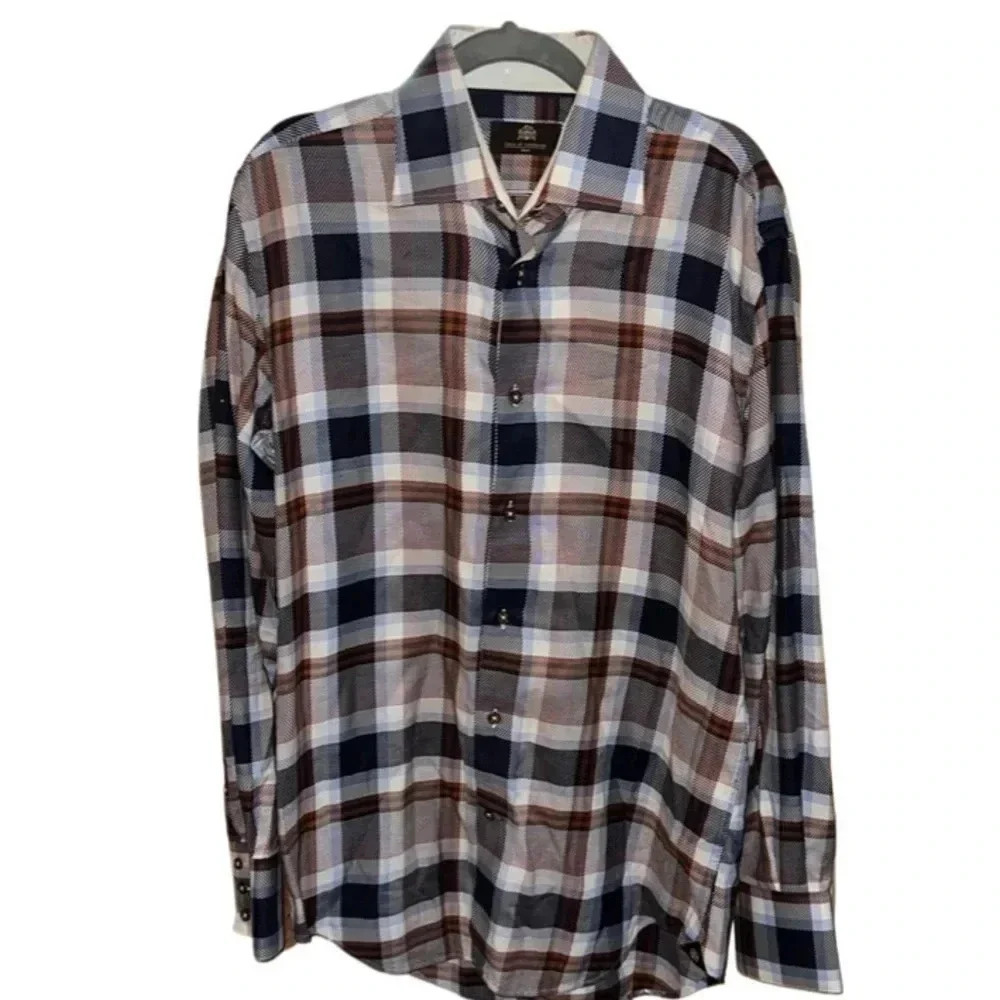 Circle of Gentleman Alford Navy Blue Plaid Button Down Shirt Size 15 3/4 40